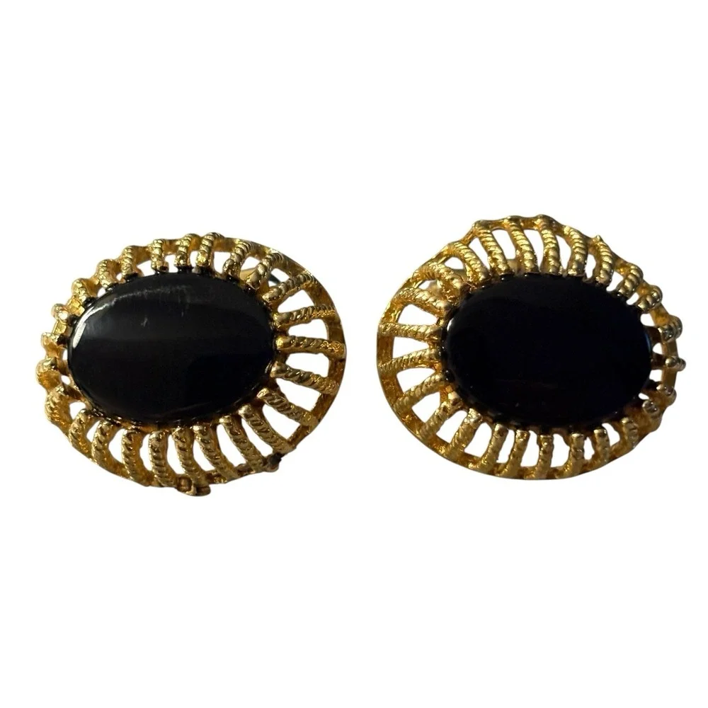 Vintage Destino Cufflinks‎ Black Center Gold Tone Oval Open Work Dome Design MCM